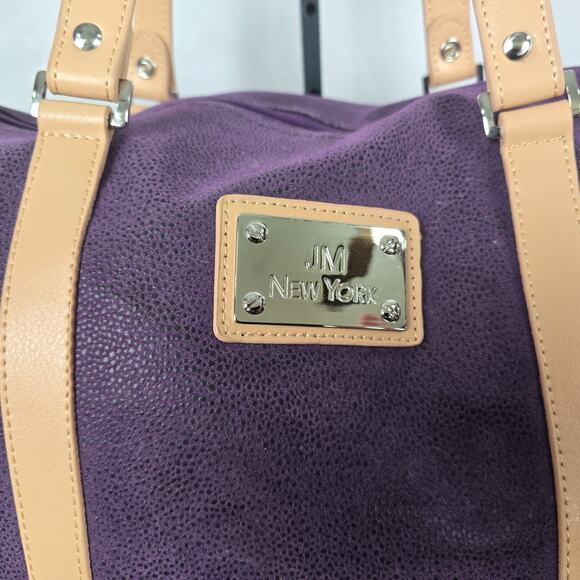 JM New York Duffle Bag Weekender Purple Tan Detachable Strap 18" x 10" x 8" - Picture 2 of 13